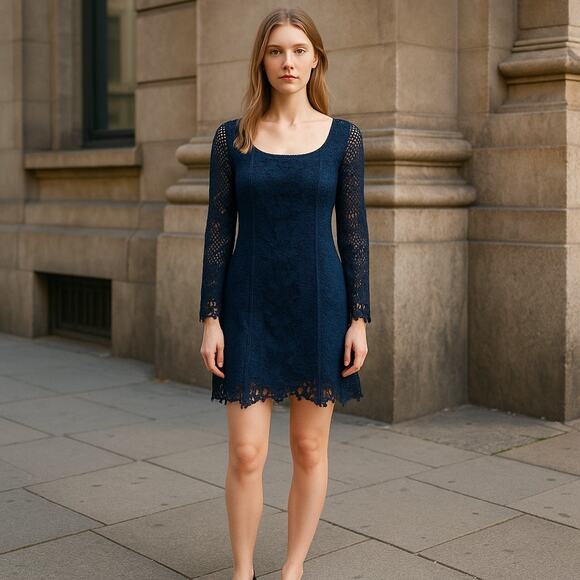 Sara Campbell Navy Blue Cotton Crochet Lace Dress Square Neck USA Made  Size S/M - Picture 1 of 16